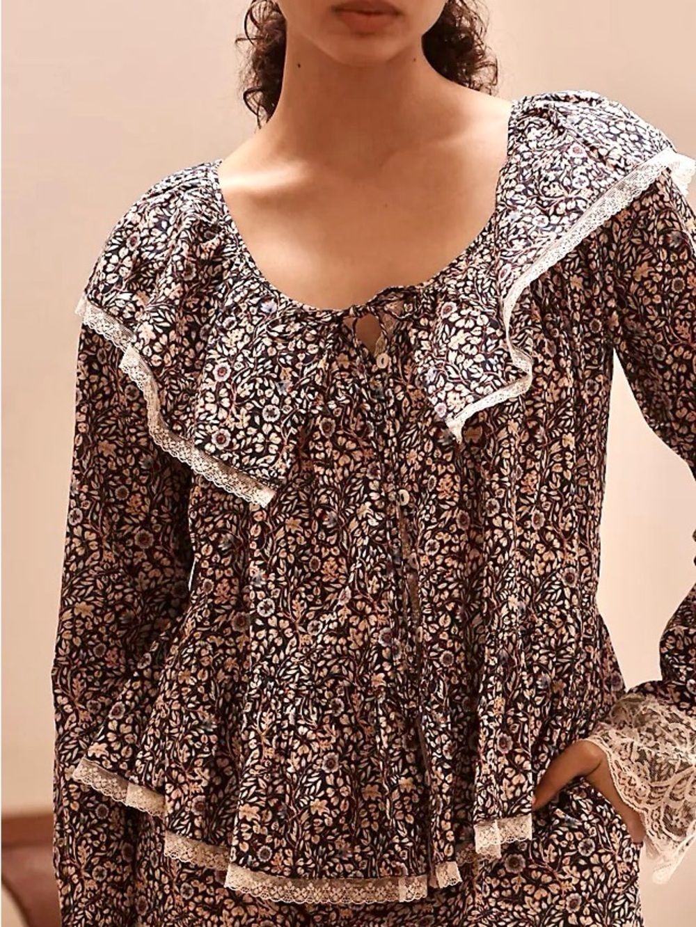 Anthropologie Large Victoriana Collared Floral Lace Long Sleeve Blouse Top